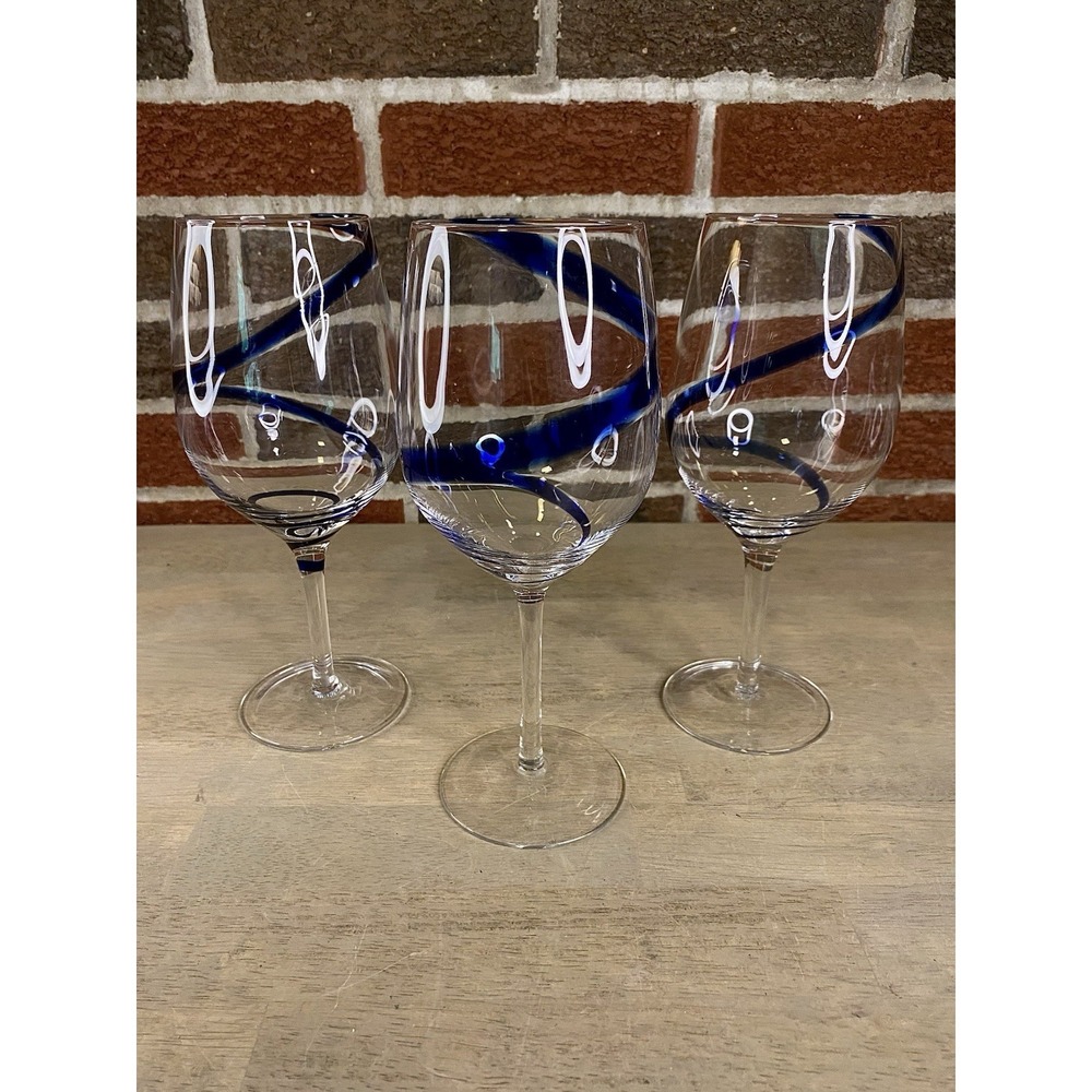 Pier 1 Swirline Cobalt Blue Wine Glasses - Hand Blown - 9 3/8" Tall ~ Set Of 3